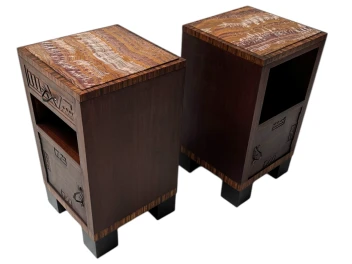 Two Art Deco Nightstands or Bedside Tables with Multi-Colored Marble Tops, 1930s